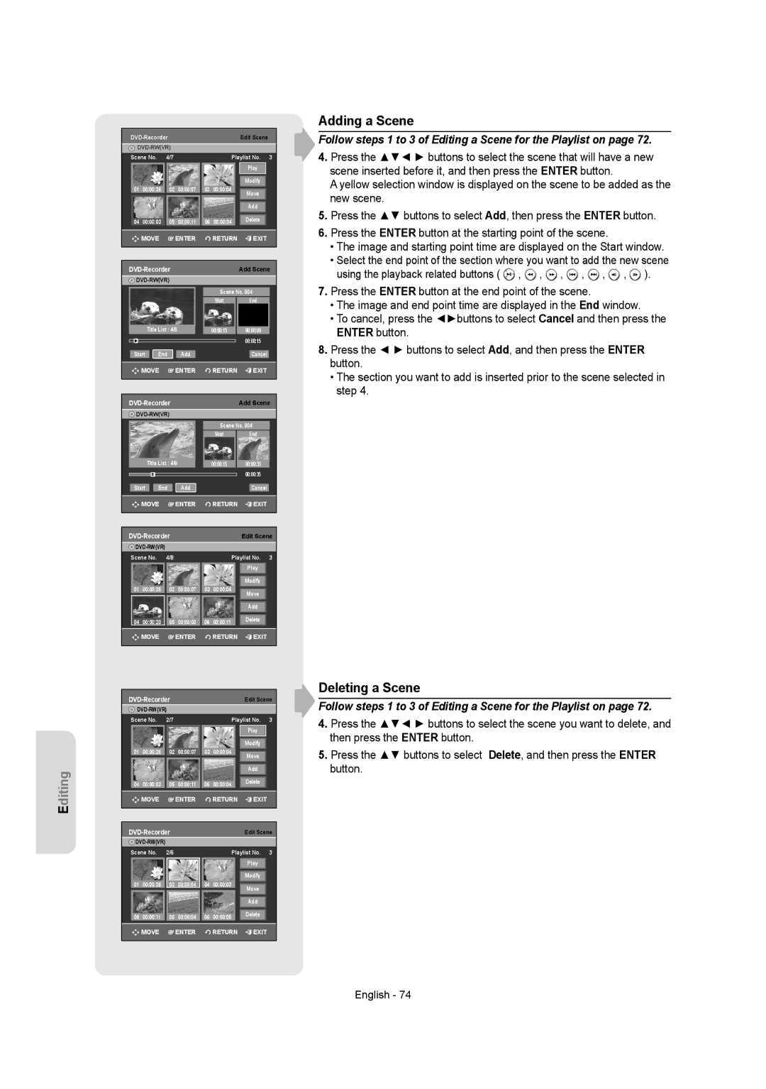 Samsung DVD-AR650 instruction manual Adding a Scene, Deleting a Scene 