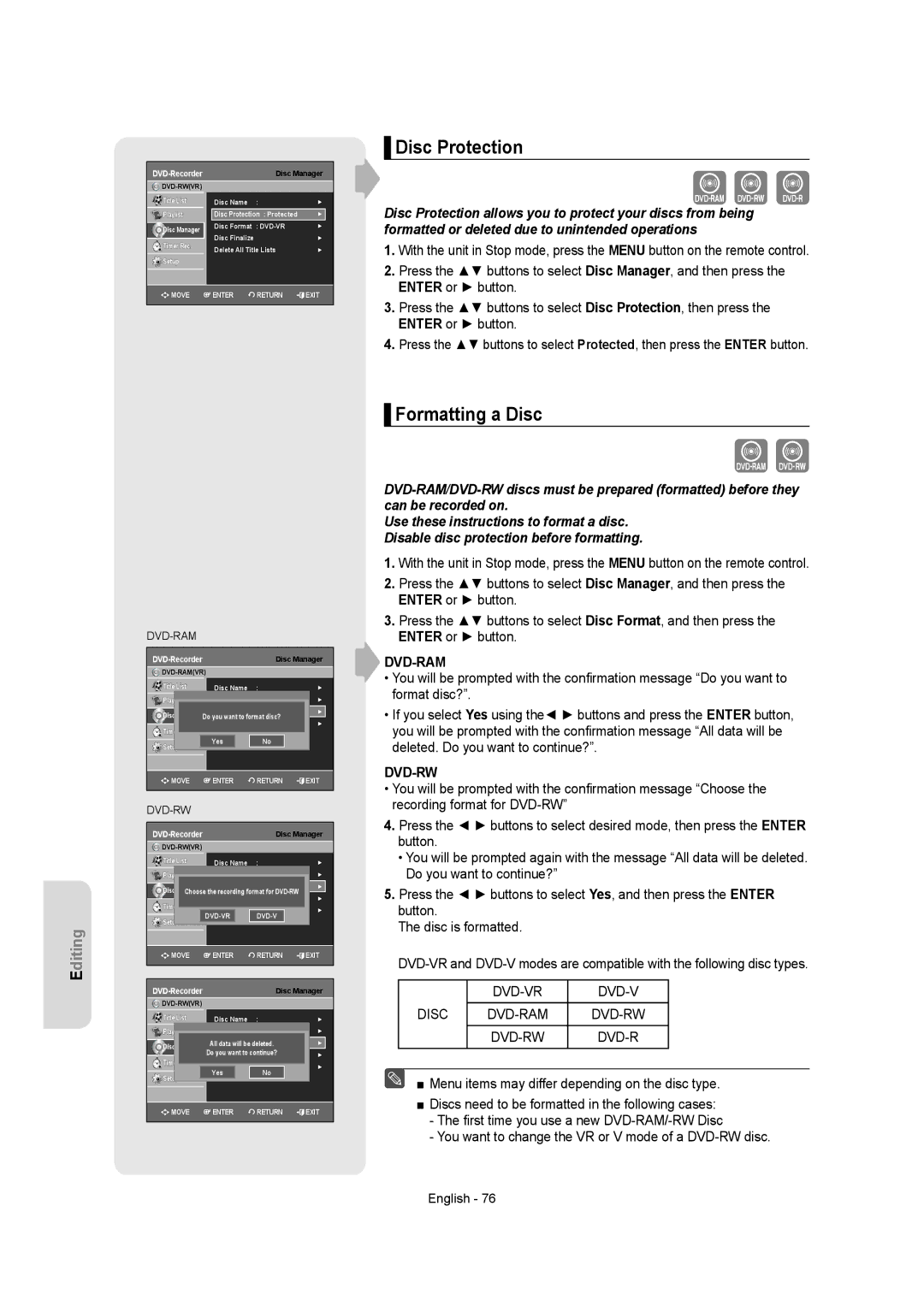 Samsung DVD-AR650 instruction manual Disc Protection, Formatting a Disc, DVD-VR Disc DVD-RAM DVD-RW 