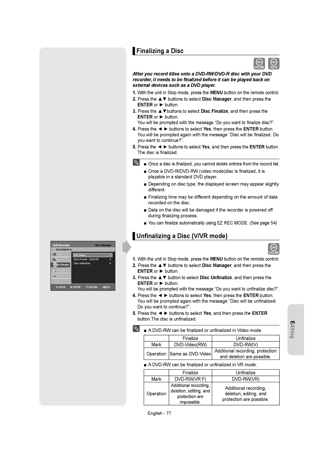 Samsung DVD-AR650 instruction manual Finalizing a Disc, Unﬁnalizing a Disc V/VR mode, Dvd-Rwvrf 