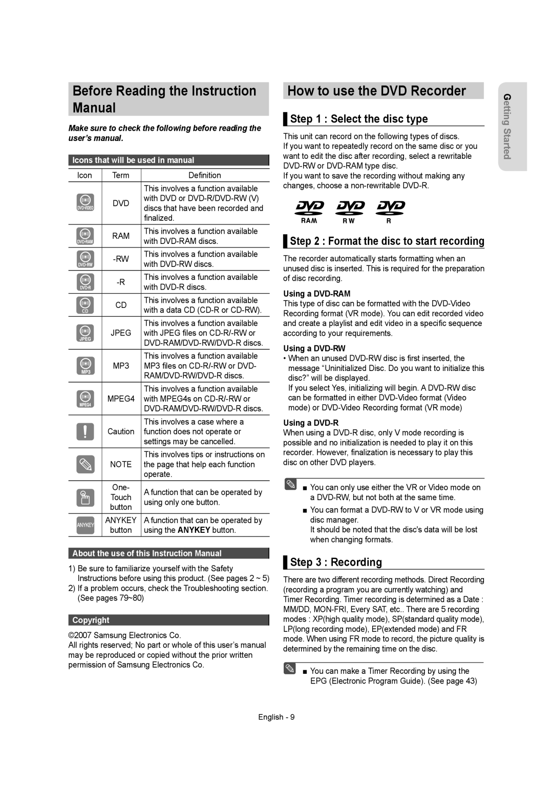 Samsung DVD-AR650 instruction manual How to use the DVD Recorder, Select the disc type, Recording 