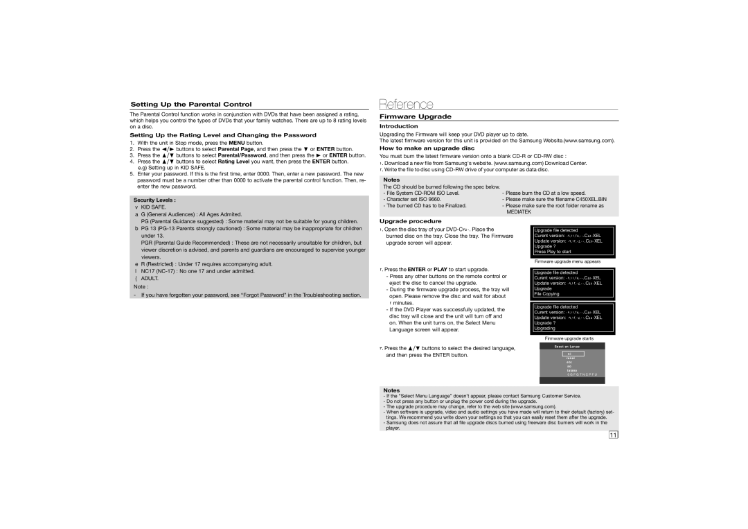 Samsung DVD-C350 user manual Reference, Setting Up the Parental Control, Firmware Upgrade 