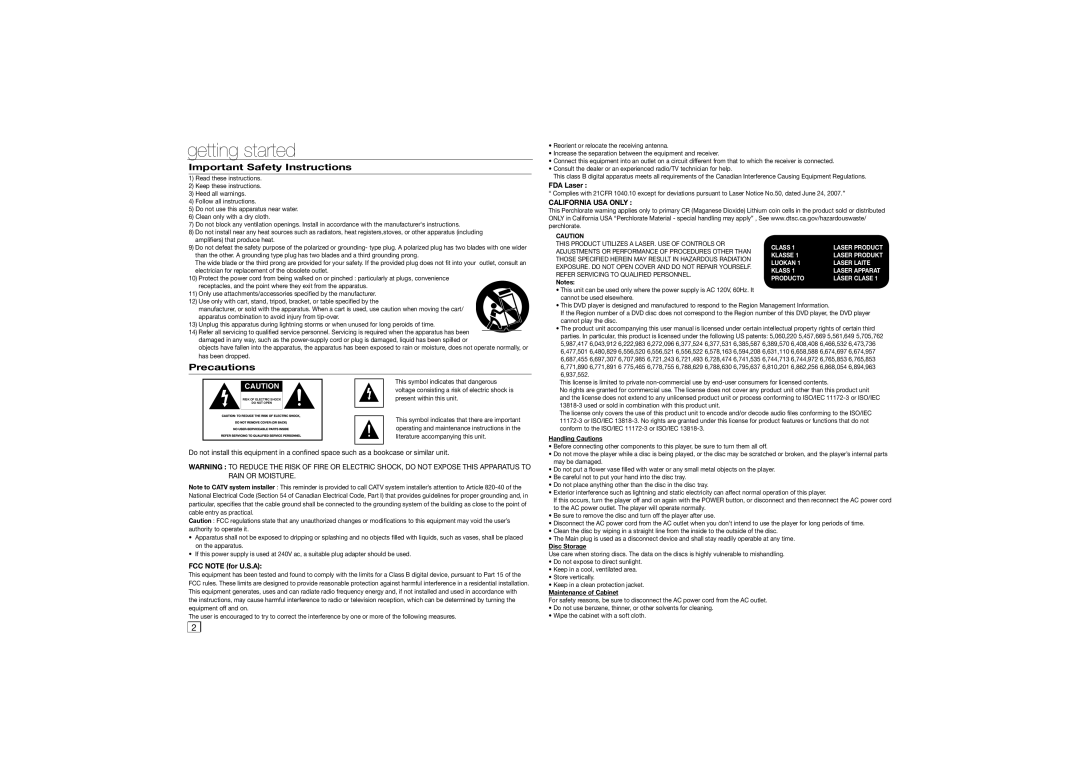 Samsung DVD-C350 user manual Getting started, Important Safety Instructions, Precautions 