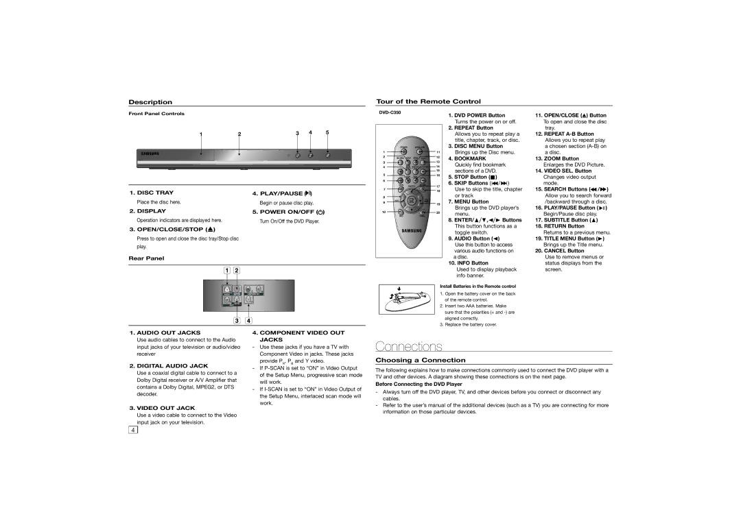 Samsung DVD-C350 user manual Connections, Description Tour of the Remote Control, Choosing a Connection, Rear Panel 