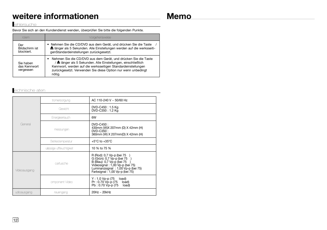 Samsung DVD-C350/EDC, DVD-C450/XEF, DVD-C450/XEE, DVD-C350/XEE Weitere informationen Memo, Fehlersuche, Technische Daten 