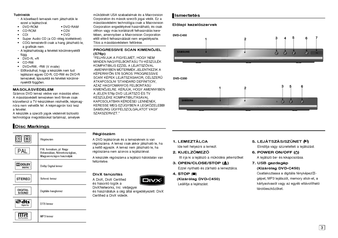 Samsung DVD-C450/XEF, DVD-C350/EDC, DVD-C450/XEE, DVD-C350/XEE, DVD-C450/EDC, DVD-C350/XEO manual Ismertetés, Disc Markings 