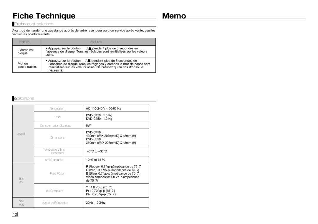 Samsung DVD-C350/XEF, DVD-C450/XEF, DVD-C350/MEA manual Fiche TechniqueMemo, Problèmes et solutions, Spécifications 