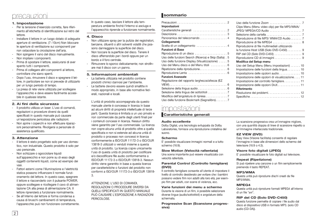 Samsung DVD-C350/XEF, DVD-C450/XEF, DVD-C350/MEA manual Precauzioni, Impostazioni, Sommario, EZ View DVD, Dvd 