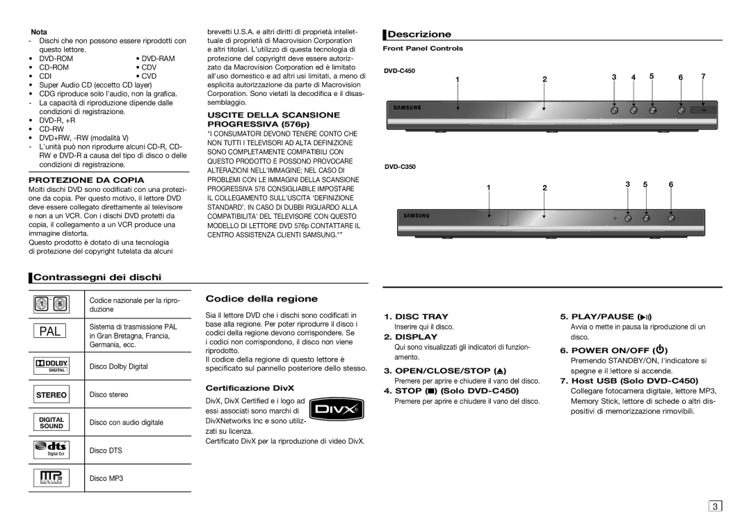 Samsung DVD-C450/XEF, DVD-C350/XEF, DVD-C350/MEA manual Descrizione, Contrassegni dei dischi, Codice della regione 