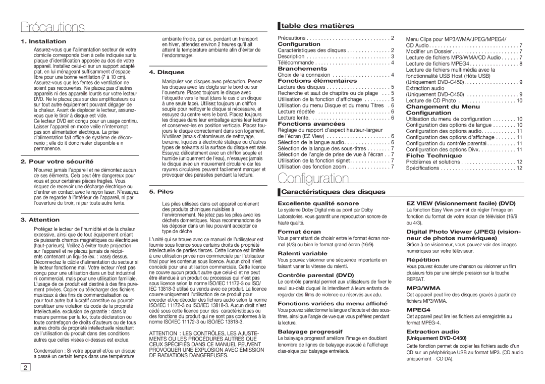 Samsung DVD-C350/MEA, DVD-C350/XEF manual Précautions, Configuration, Table des matières, Caractéristiques des disques 