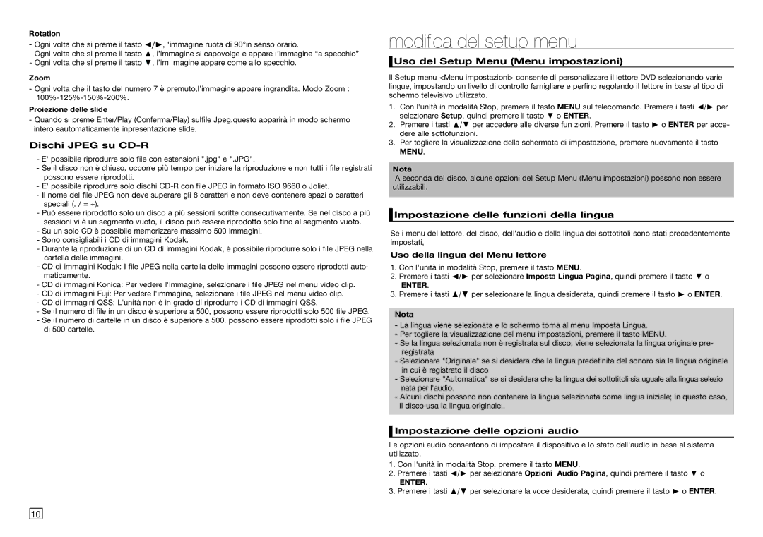 Samsung DVD-C350/MEA, DVD-C350/XEF manual Modifica del setup menu, Dischi Jpeg su CD-R, Uso del Setup Menu Menu impostazioni 