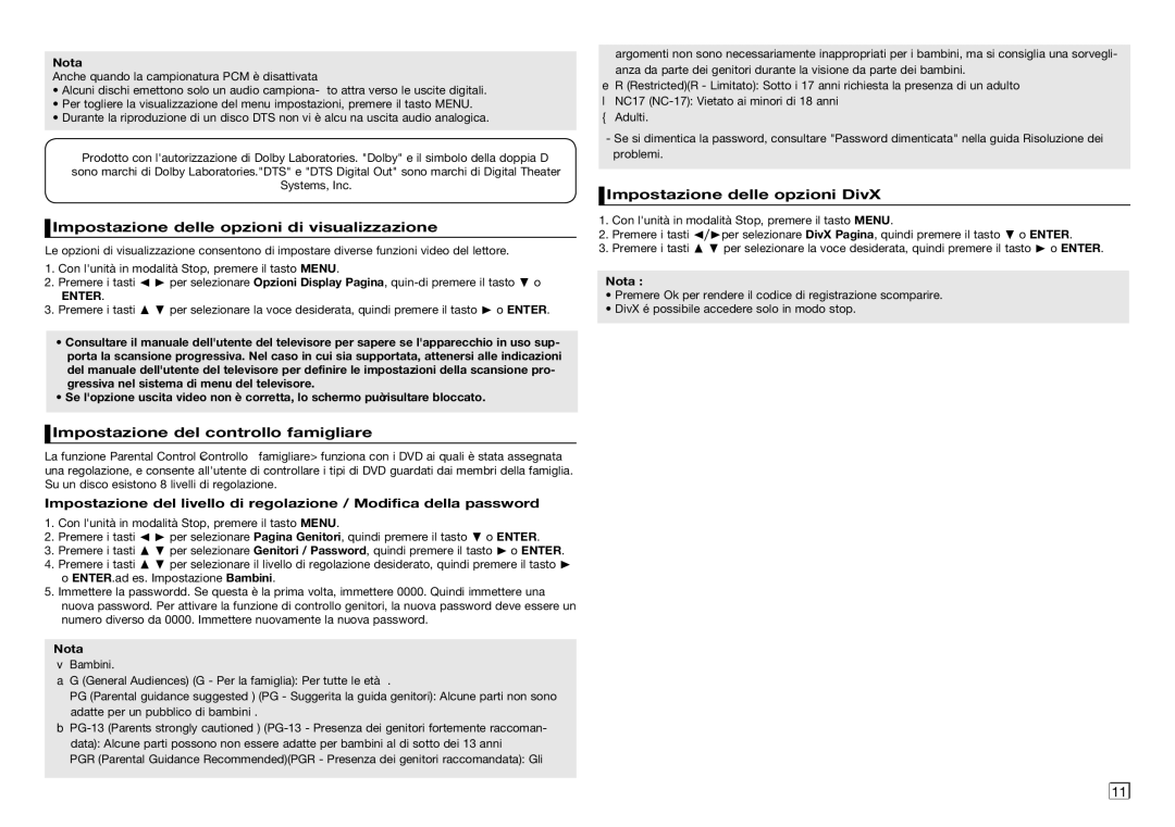 Samsung DVD-C350/XEF, DVD-C450/XEF Impostazione delle opzioni di visualizzazione, Impostazione del controllo famigliare 