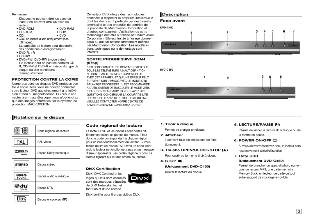 Samsung DVD-C350/XEF, DVD-C450/XEF, DVD-C350/MEA Description Face avant, Notation sur le disque, Code régional de lecture 