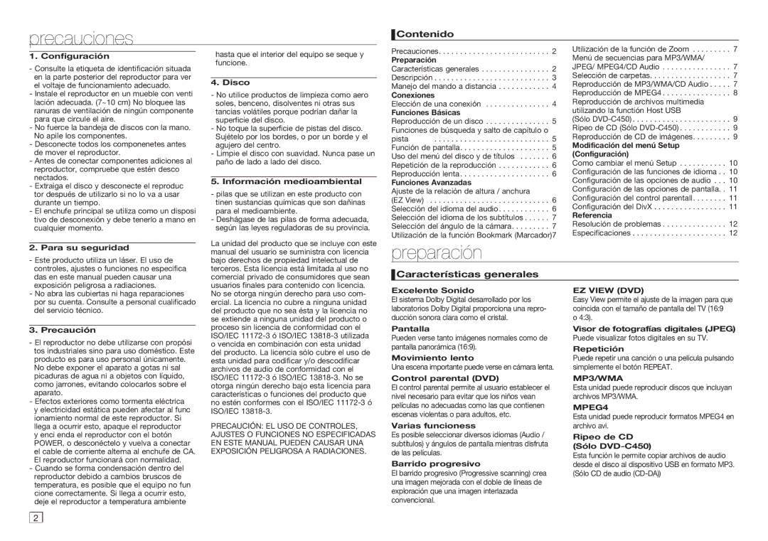 Samsung DVD-C450/XEF, DVD-C350/XEF, DVD-C350/MEA manual Precauciones, Preparación, Contenido, Características generales 