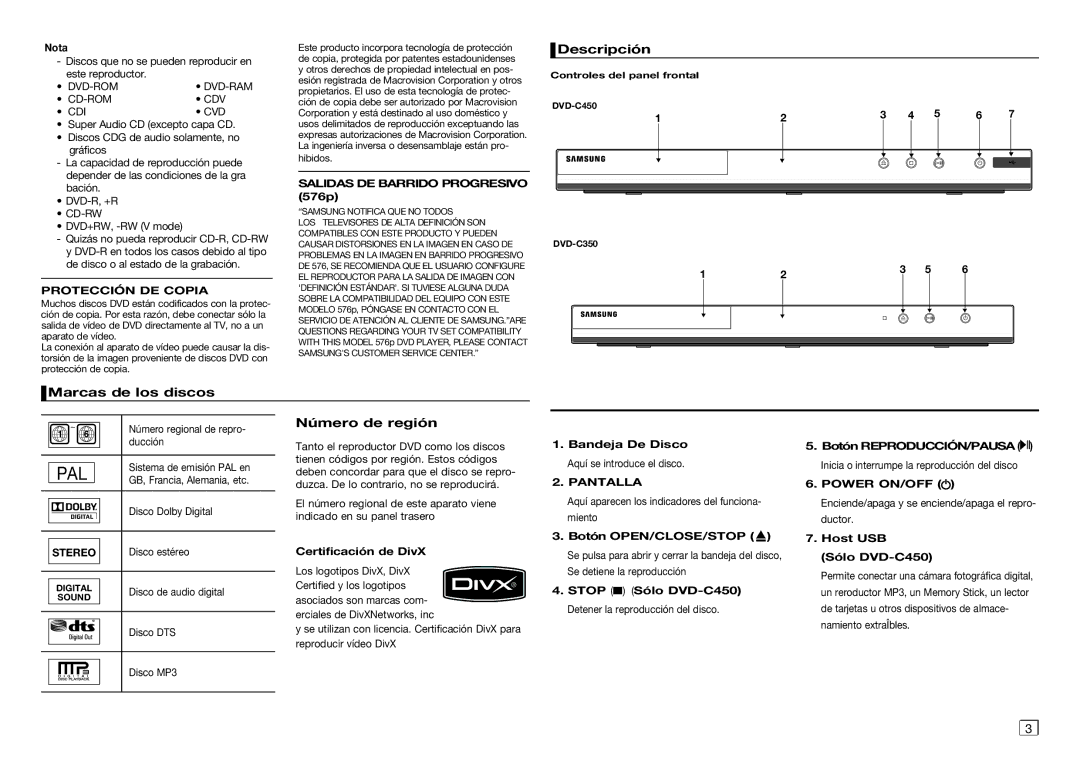 Samsung DVD-C350/MEA, DVD-C350/XEF manual Descripción, Marcas de los discos, Número de región, Protección DE Copia, Pantalla 