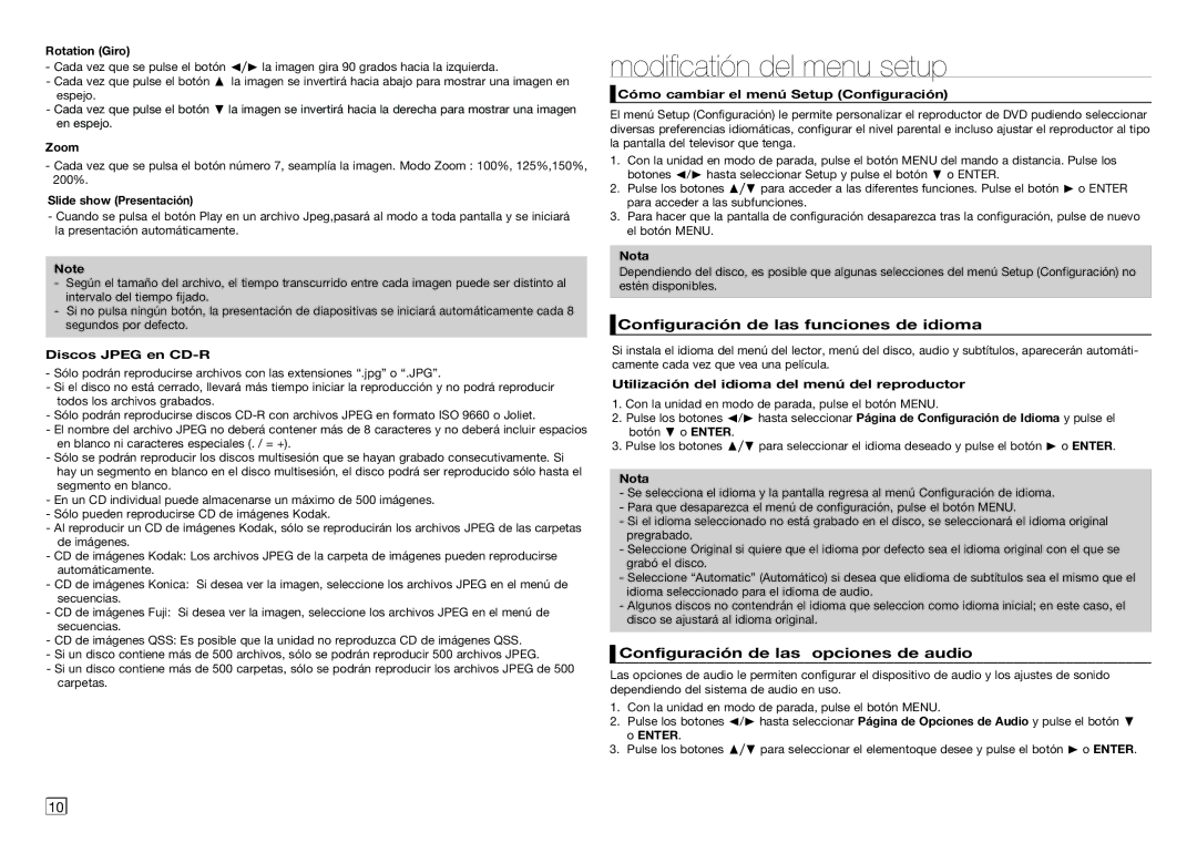 Samsung DVD-C350/XEF, DVD-C450/XEF, DVD-C350/MEA manual Modificatión del menu setup, Configuración de las funciones de idioma 