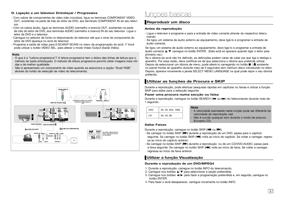 Samsung DVD-C350/MEA, DVD-C350/XEF manual Funçoes basicas, Reproduzir um disco, Utilizar as funções de Procura e Skip 