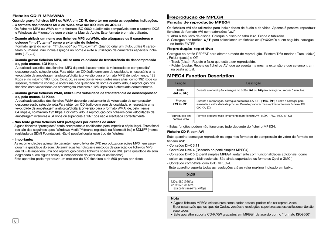 Samsung DVD-C350/MEA manual Reprodução de MPEG4, Função de reprodução MPEG4, Reprodução repetitiva, Ficheiro CD-R com AVI 