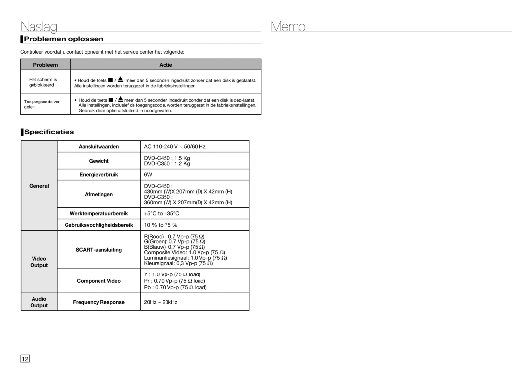 Samsung DVD-C450/XEF, DVD-C350/XEF, DVD-C350/MEA manual Naslag Memo, Problemen oplossen, Specificaties 