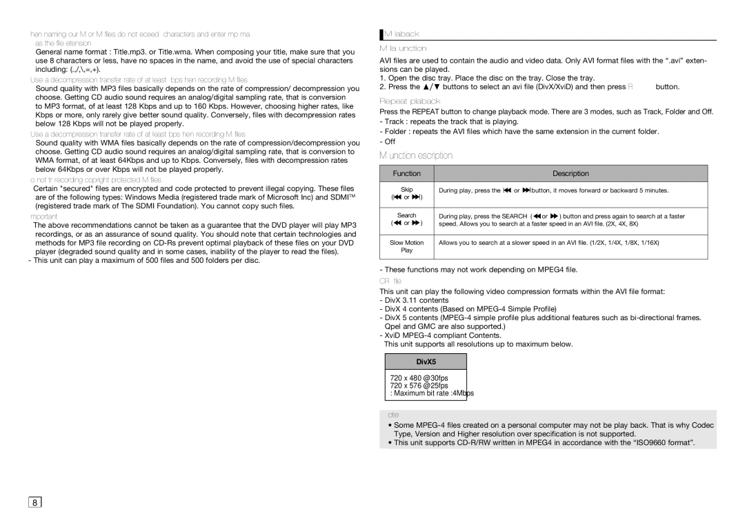 Samsung DVD-C450K/XTC, DVD-C350/XER Do not try recording copyright protected MP3 files, MPEG4 Playback MPEG4 Play Function 