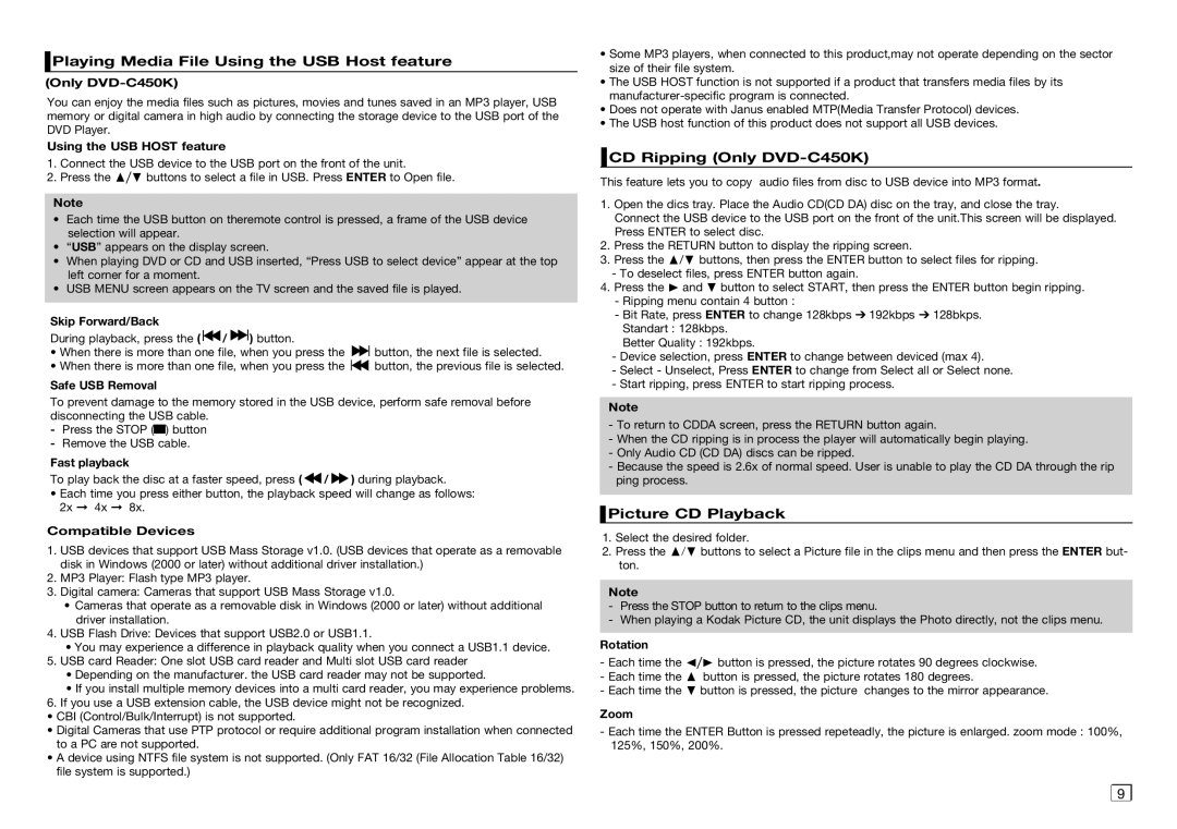 Samsung DVD-C350K/XER manual Playing Media File Using the USB Host feature, CD Ripping Only DVD-C450K, Picture CD Playback 