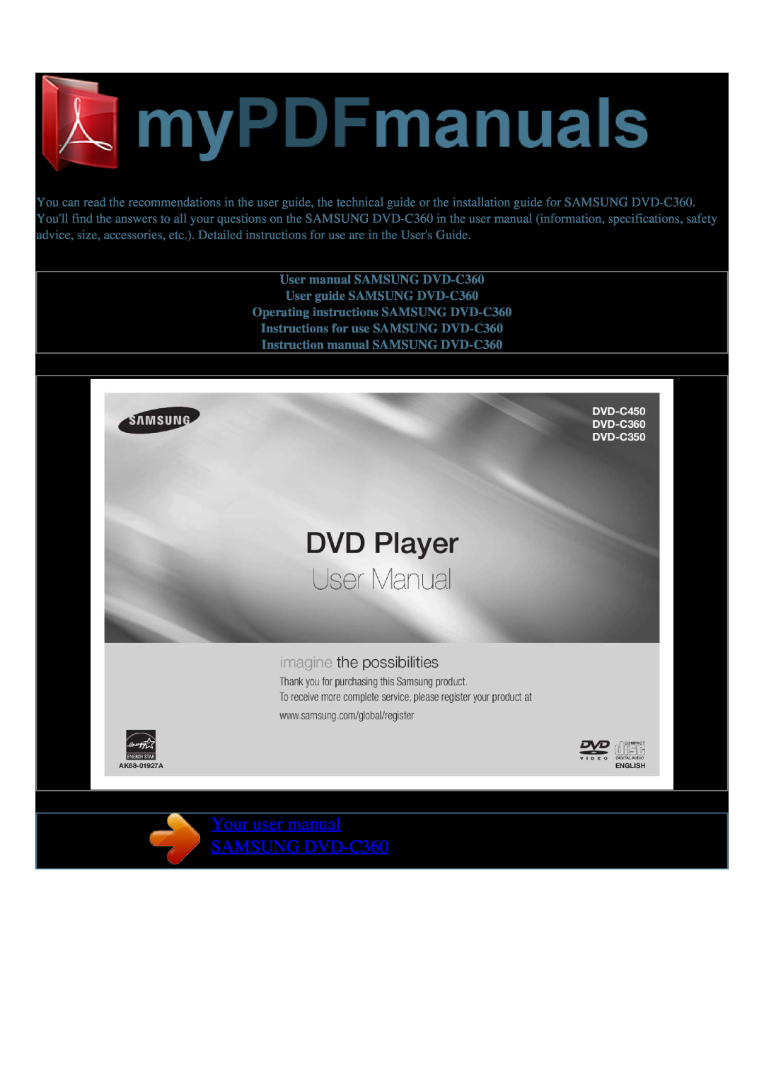 Samsung user manual User manual SAMSUNG DVD-C360 User guide SAMSUNG DVD-C360, Operating instructions SAMSUNG DVD-C360 