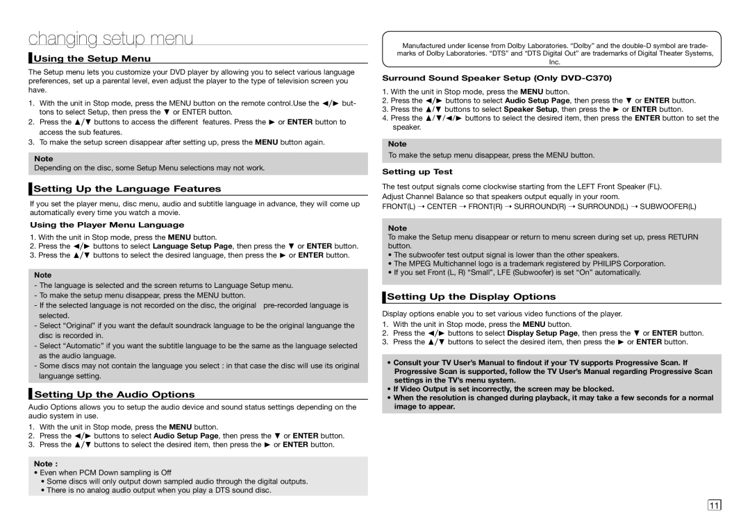 Samsung DVD-C350/XSS, DVD-C360/XSS manual Changing setup menu, Using the Setup Menu, Setting Up the Language Features 