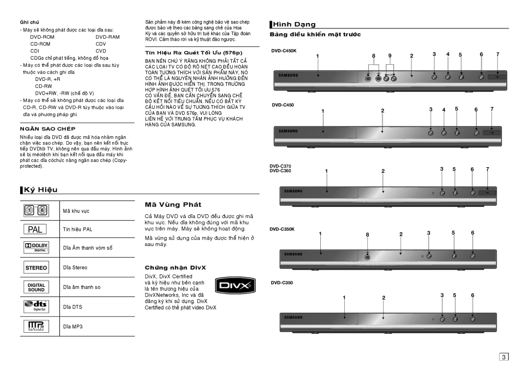 Samsung DVD-C450/XSS, DVD-C360/XSS manual Hình Daïng, Maõ Vuøng Phaùt, Baûng ñieàu khieån maët tröôùc, Chöùng nhaän DivX 