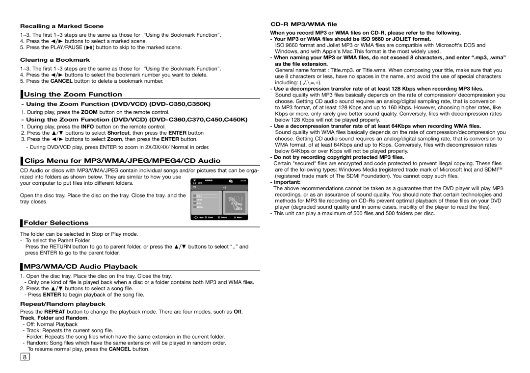 Samsung DVD-C350/XSS, DVD-C360/XSS Using the Zoom Function, Clips Menu for MP3/WMA/JPEG/MPEG4/CD Audio, Folder Selections 