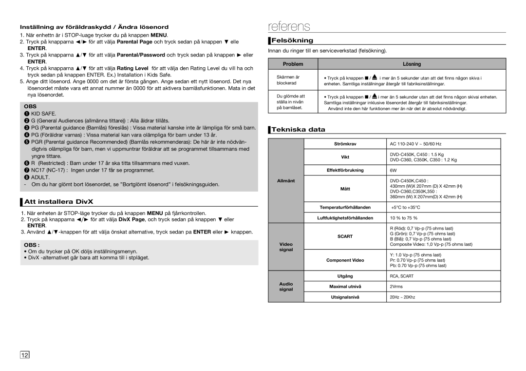 Samsung DVD-C450/XEE, DVD-C350/XEE manual Referens, Att installera DivX, Felsökning, Tekniska data 