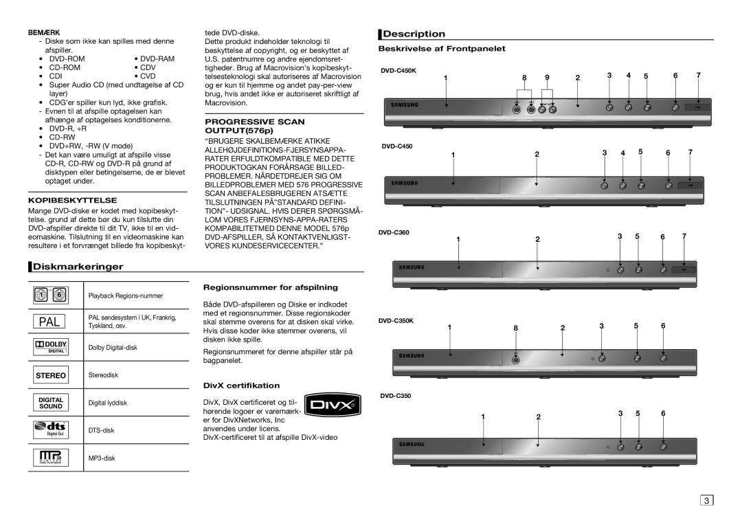 Samsung DVD-C350/XEE, DVD-C450/XEE manual Description, Diskmarkeringer, Bemærk, Kopibeskyttelse, Progressive Scan 