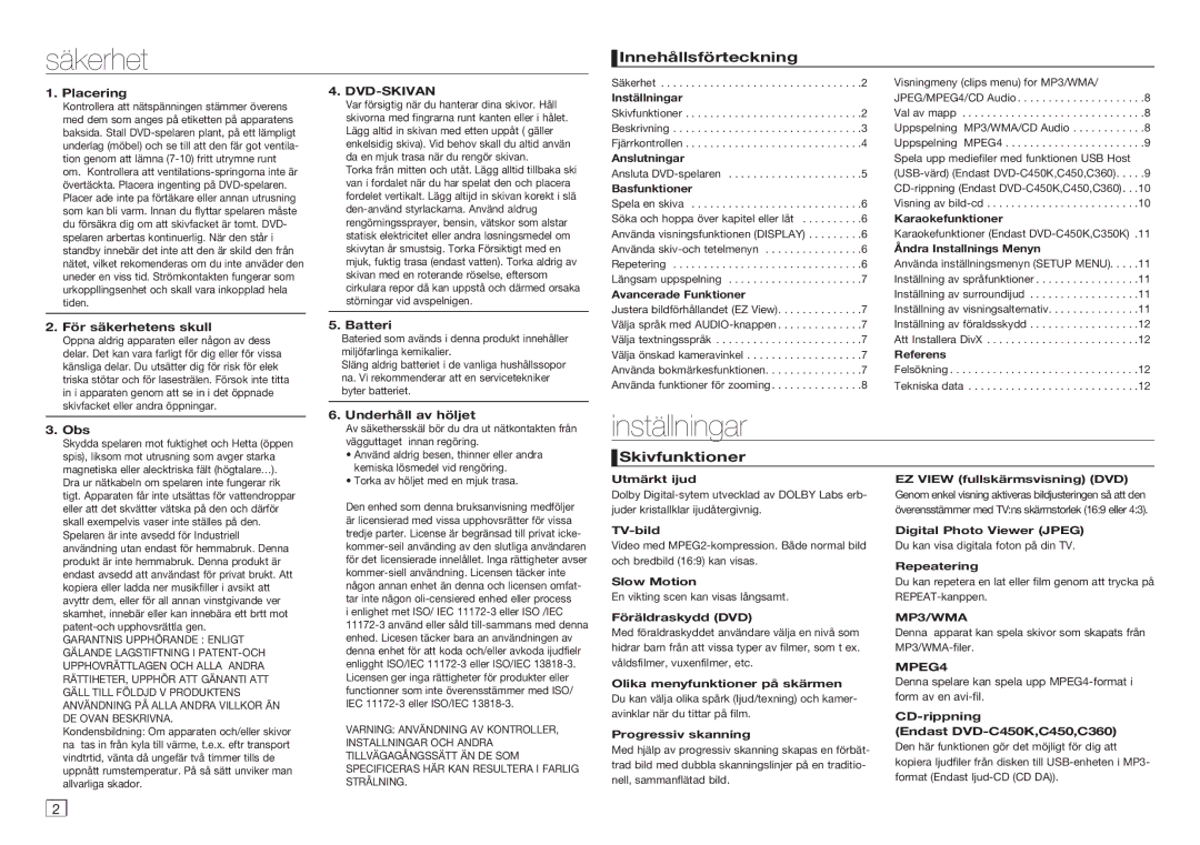 Samsung DVD-C450/XEE, DVD-C350/XEE manual Säkerhet, Inställningar, Innehållsförteckning, Skivfunktioner 