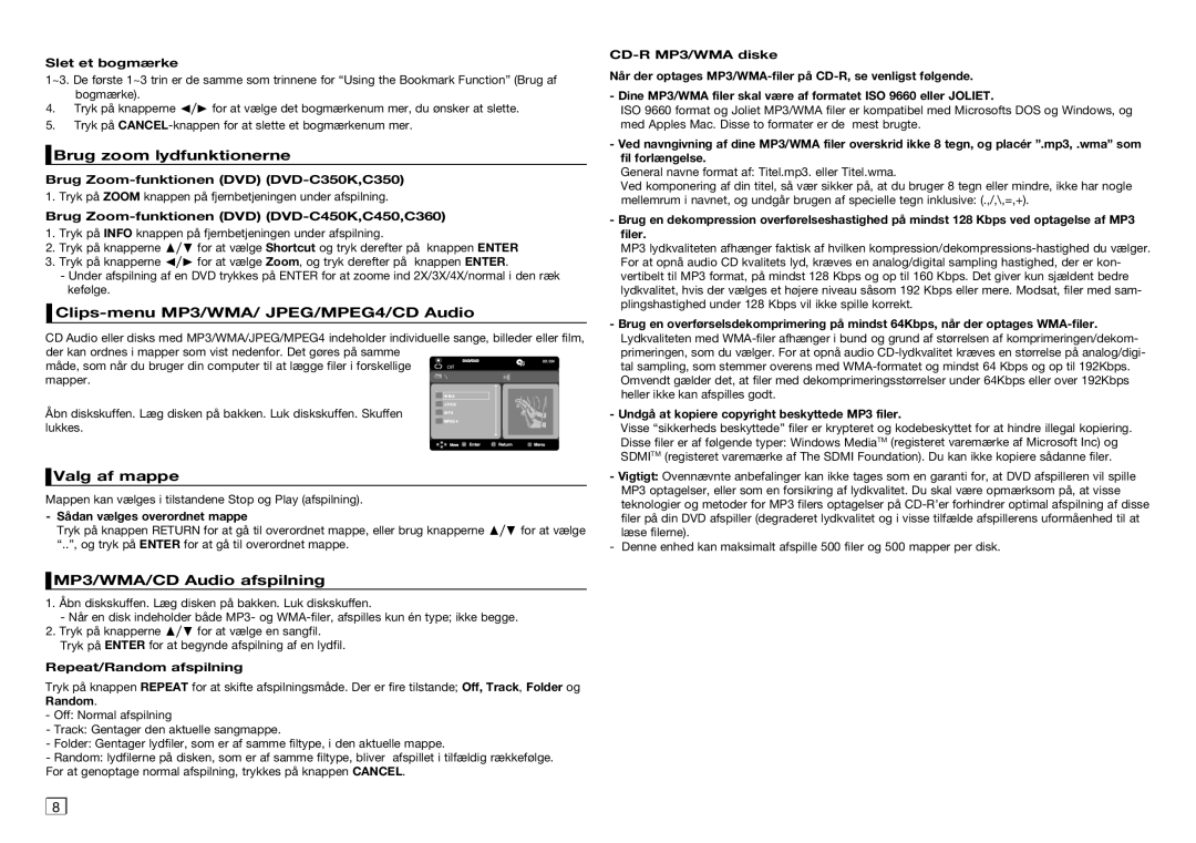 Samsung DVD-C450/XEE, DVD-C350/XEE manual Brug zoom lydfunktionerne, Clips-menu MP3/WMA/ JPEG/MPEG4/CD Audio, Valg af mappe 