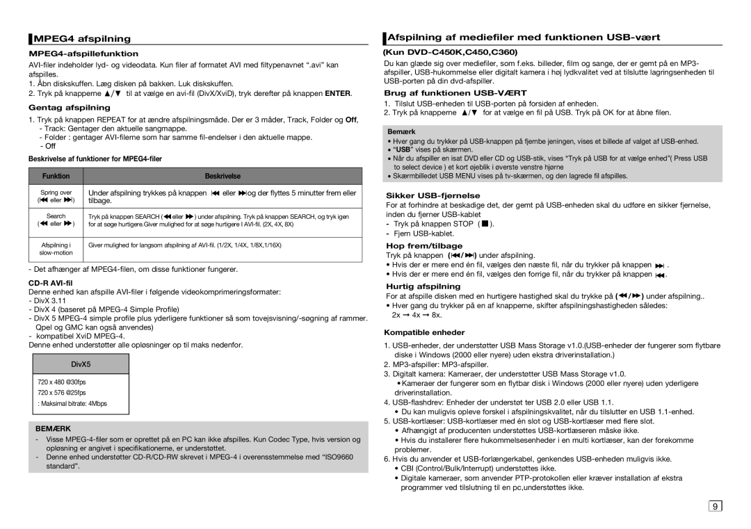 Samsung DVD-C350/XEE, DVD-C450/XEE manual MPEG4 afspilning, Afspilning af mediefiler med funktionen USB-vært 