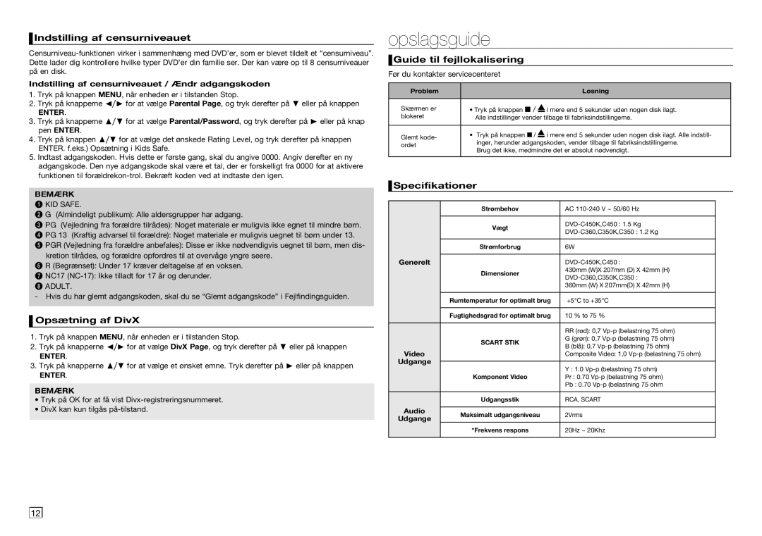 Samsung DVD-C450/XEE manual Opslagsguide, Indstilling af censurniveauet, Opsætning af DivX, Guide til fejllokalisering 