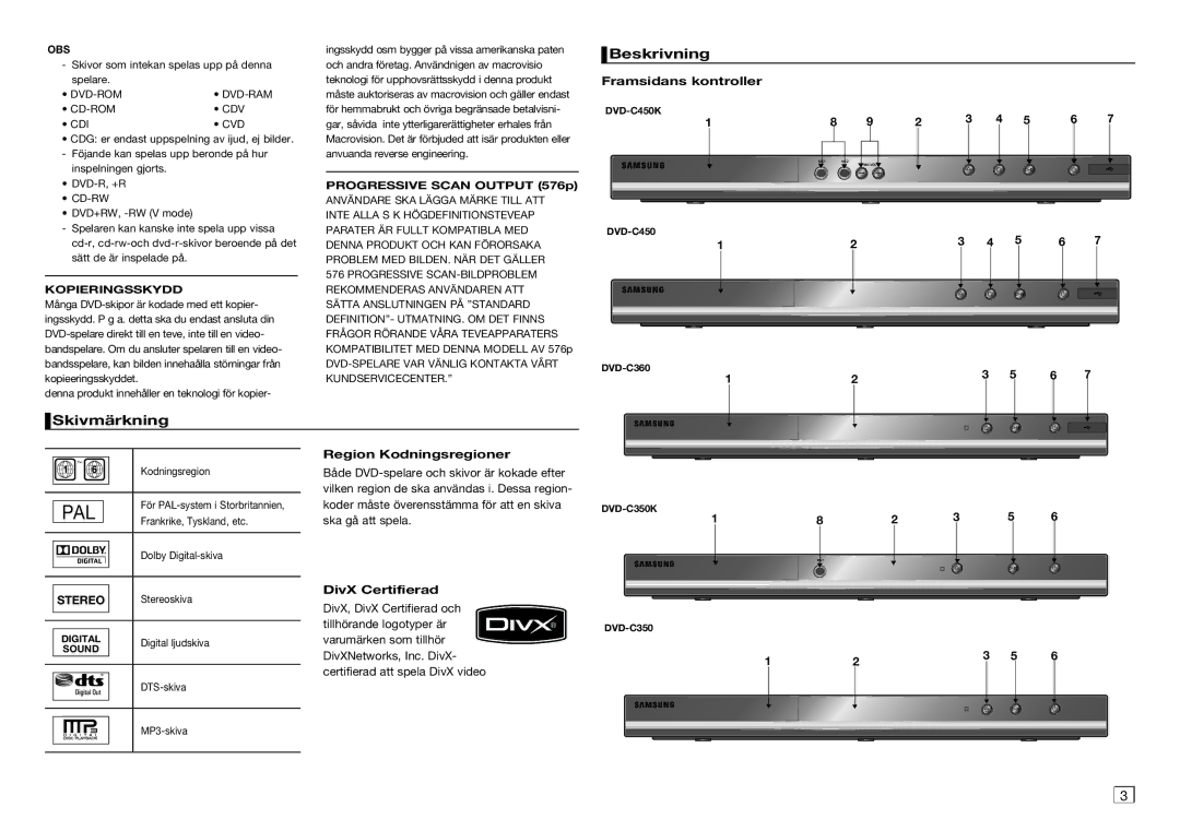 Samsung DVD-C350/XEE Skivmärkning Beskrivning, Framsidans kontroller, Stereo, Region Kodningsregioner, DivX Certifierad 