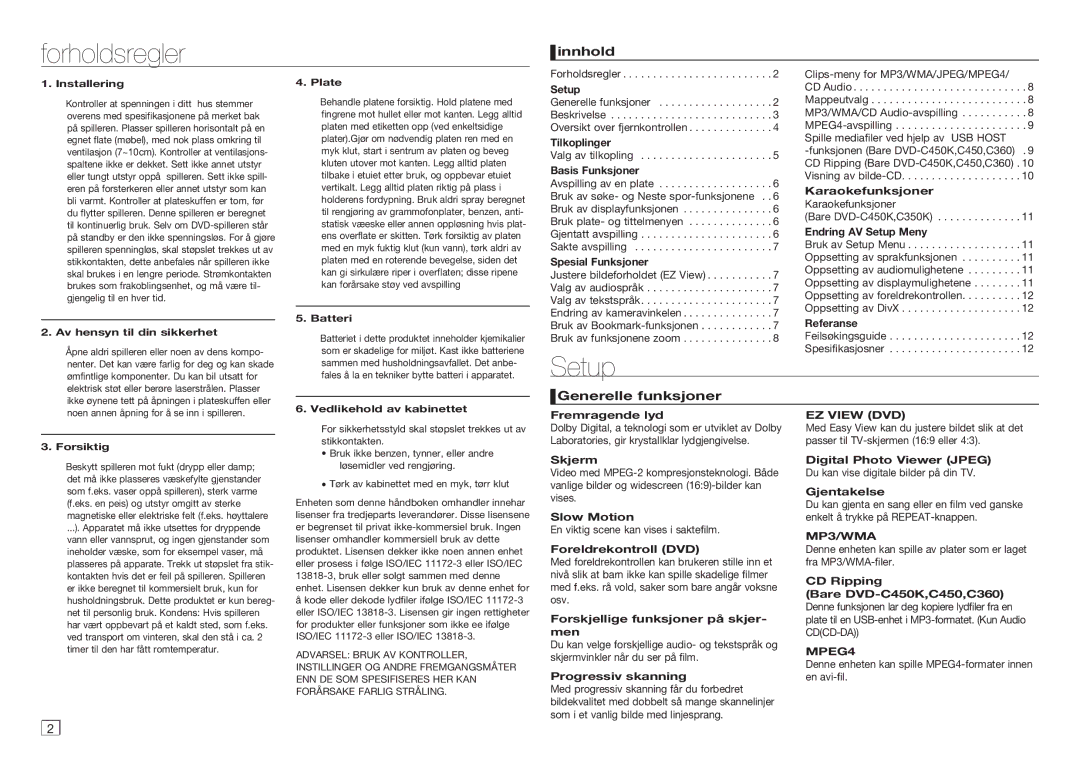 Samsung DVD-C450/XEE, DVD-C350/XEE manual Forholdsregler, Innhold, Generelle funksjoner, EZ View DVD 