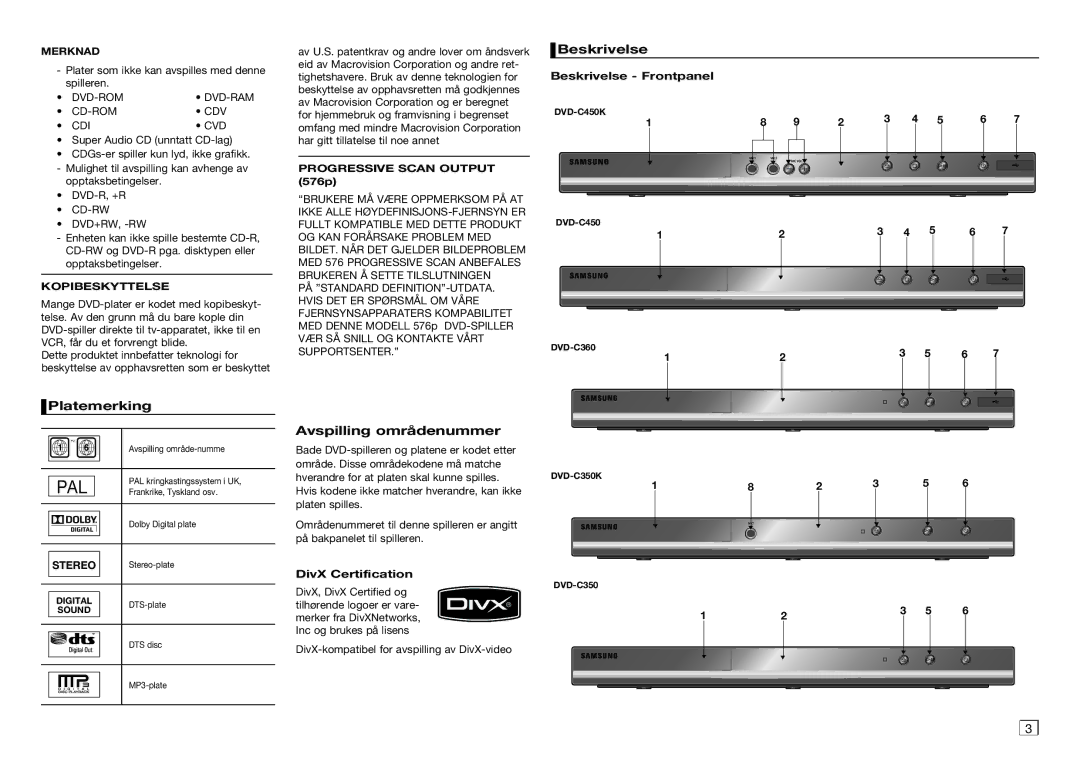 Samsung DVD-C350/XEE, DVD-C450/XEE manual Platemerking, Avspilling områdenummer, Beskrivelse, Merknad 