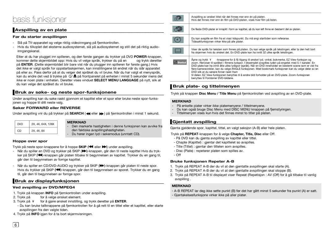 Samsung DVD-C450/XEE, DVD-C350/XEE manual Basis funksjoner 
