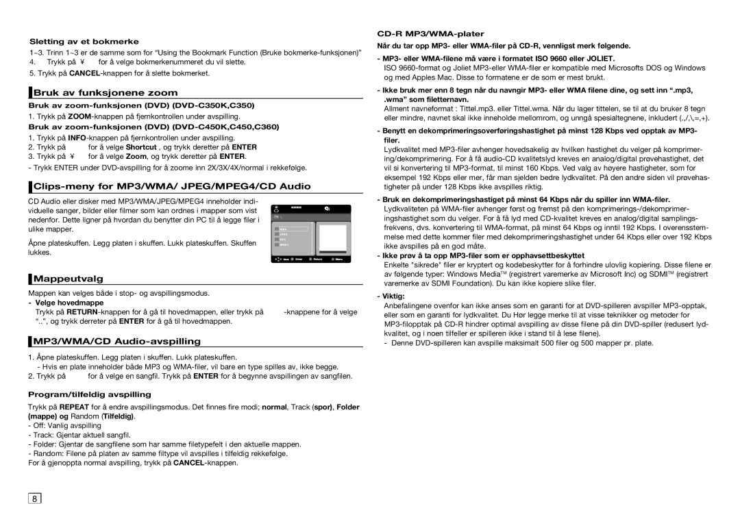 Samsung DVD-C450/XEE, DVD-C350/XEE manual Bruk av funksjonene zoom, Clips-meny for MP3/WMA/ JPEG/MPEG4/CD Audio, Mappeutvalg 