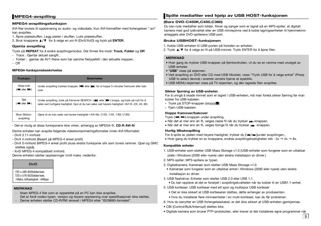 Samsung DVD-C350/XEE, DVD-C450/XEE manual MPEG4-avspilling, Spille mediafiler ved hjelp av USB HOST-funksjonen 
