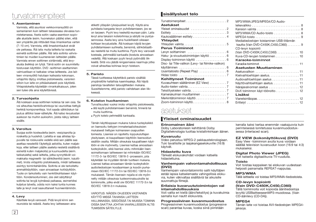 Samsung DVD-C450/XEE, DVD-C350/XEE manual Turvatoimenpiteet, Asetukset, Sisällysluet telo, Yleiset ominaisuudet 