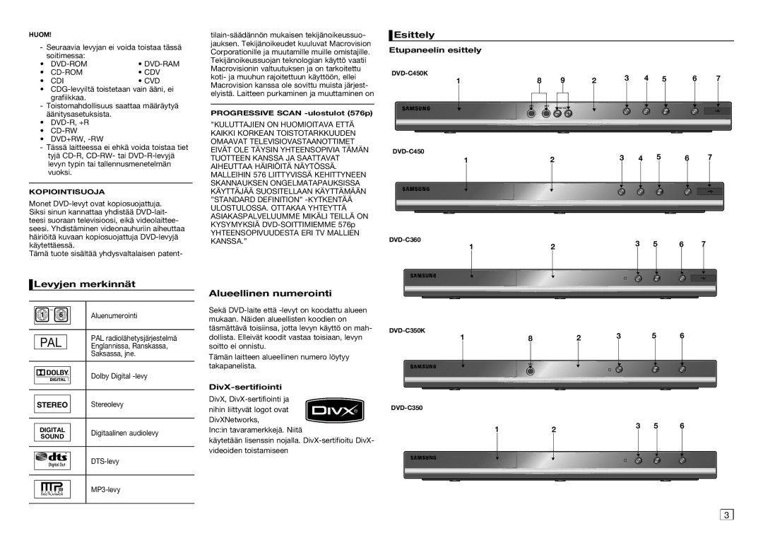 Samsung DVD-C350/XEE manual Levyjen merkinnät, Alueellinen numerointi, Esittely, DivX-sertifiointi, Etupaneelin esittely 