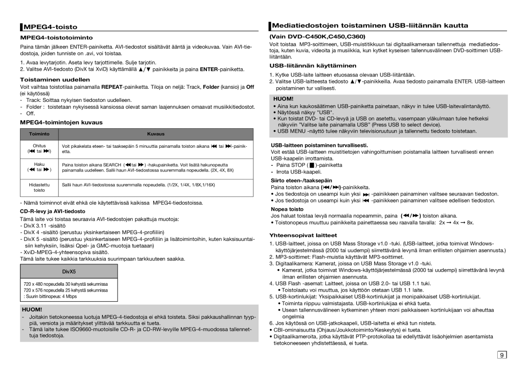 Samsung DVD-C350/XEE manual MPEG4-toisto, MPEG4-toimintojen kuvaus, Mediatiedostojen toistaminen USB-liitännän kautta 