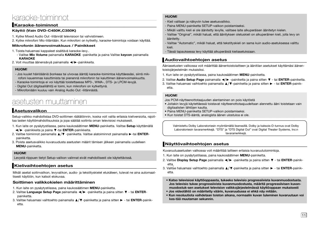 Samsung DVD-C350/XEE, DVD-C450/XEE manual Karaoke-toiminnot, Asetusten muuttaminen 