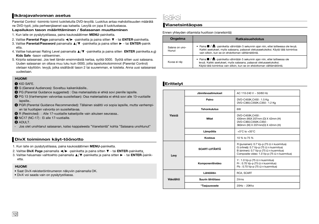 Samsung DVD-C450/XEE manual Lisäksi, Ikärajavalvonnan asetus, DivX toiminnon käyt-töönotto, Vianetsintäopas, Erittelyt 