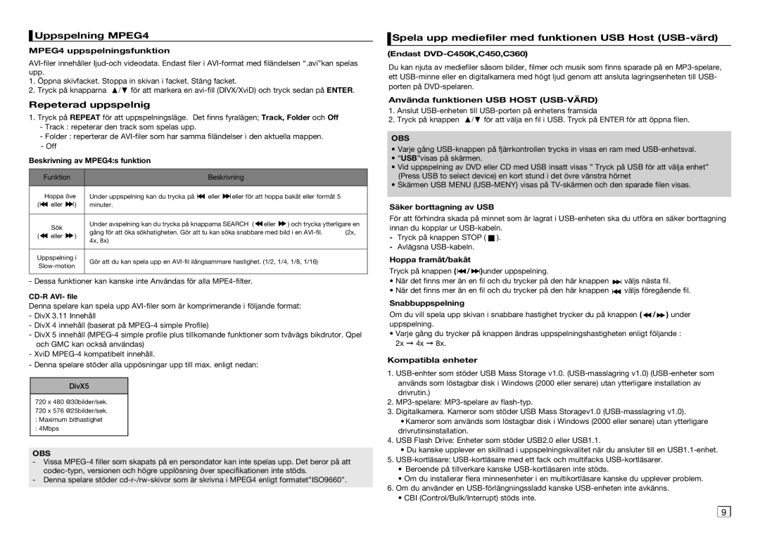 Samsung DVD-C350/XEE manual Uppspelning MPEG4, Repeterad uppspelnig, Spela upp mediefiler med funktionen USB Host USB-värd 