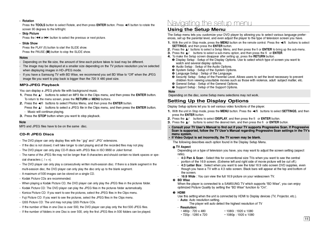 Samsung DVDC500XAA, DVD-C500/XAA Navigating the setup menu, Using the Setup Menu, Setting Up the Display Options, ❸ Hdmi 