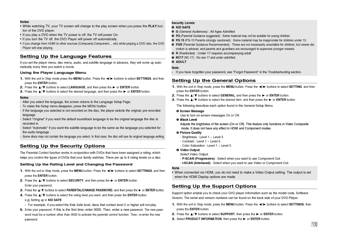 Samsung DVDC500/XAA Setting Up the Language Features, Setting Up the Security Options, Setting Up the General Options 