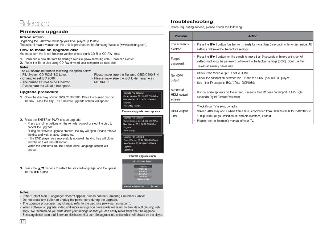 Samsung DVDC500XAA, DVD-C500/XAA, DVDC500/XAA user manual Reference, Firmware upgrade, Troubleshooting 