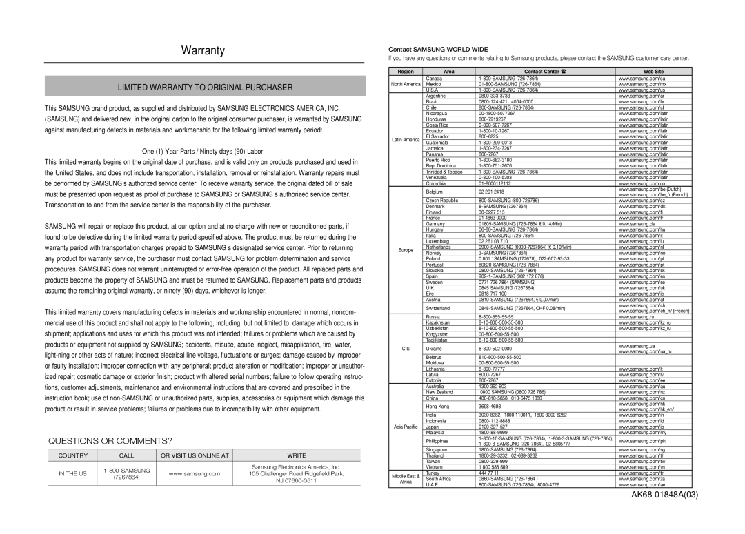 Samsung DVDC500/XAA, DVD-C500/XAA, DVDC500XAA user manual Warranty, One 1 Year Parts / Ninety days 90 Labor 